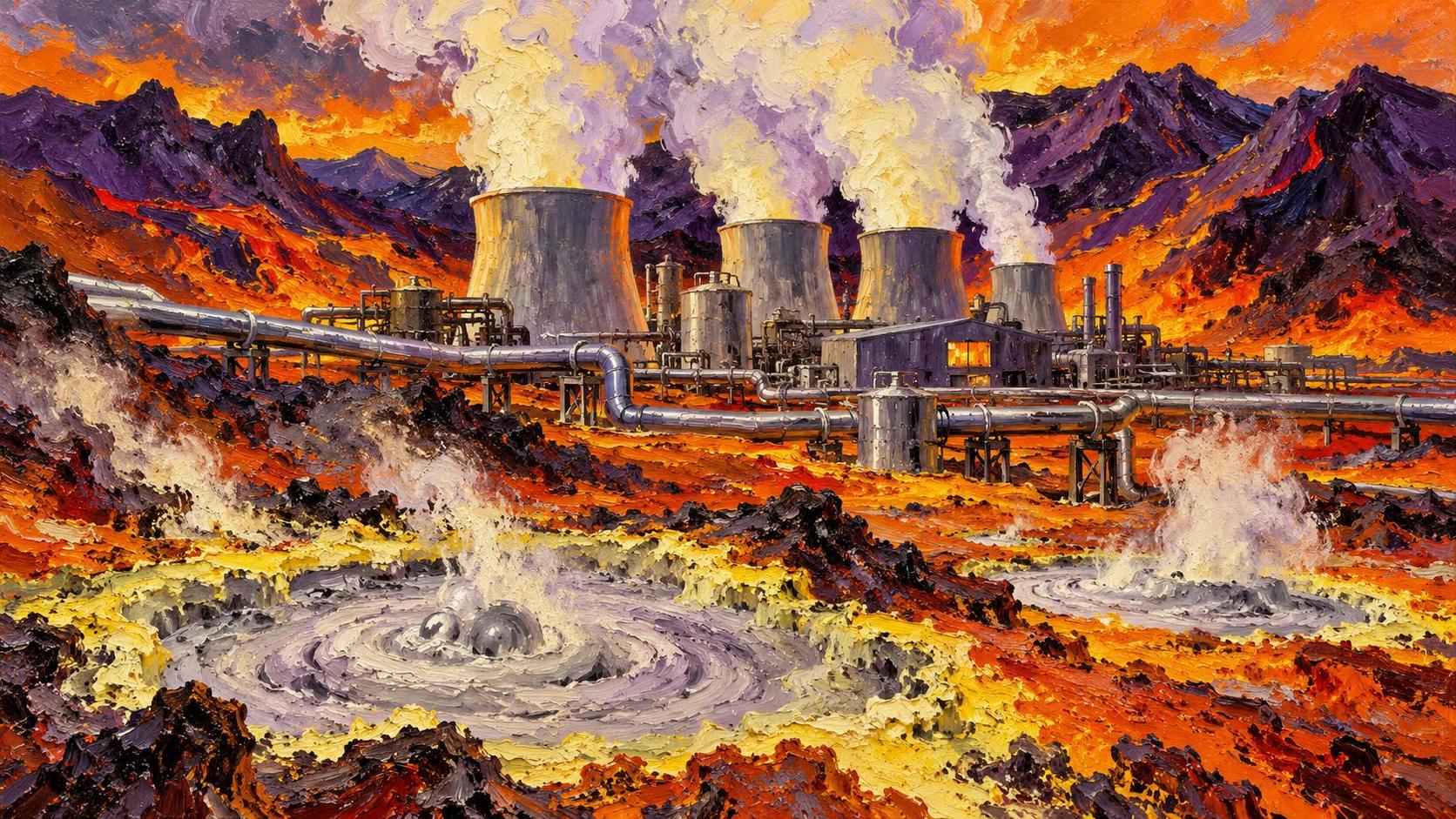 A geothermal power plant in a volcanic valley with steam plumes rising from cooling towers, silver pipework across orange ground, a lit turbine hall and boiling mud pools.