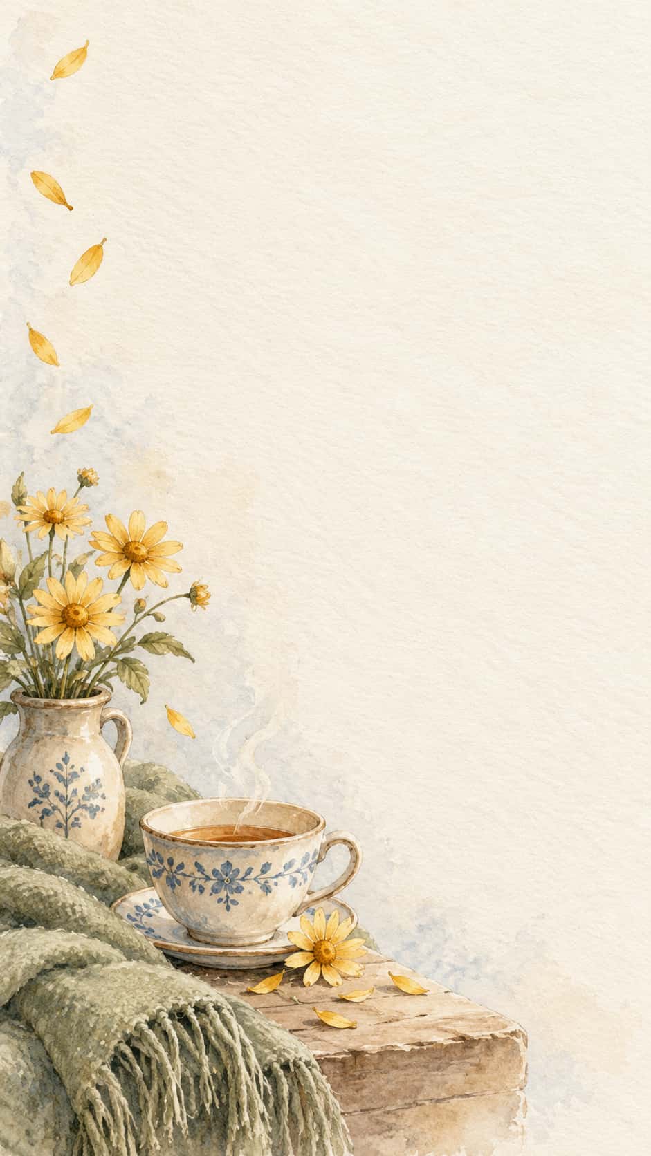 A tall cream watercolor paper card background with yellow daisies in a patterned jug, a steaming patterned teacup on a saucer and a green knitted blanket on a wooden table in the lower left, loose yellow petals drifting up the left edge and a large empty area.