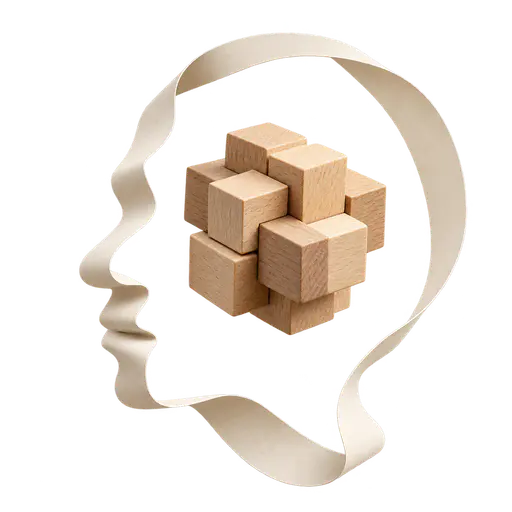 Getting your head around something: a paper ribbon head in profile fully encircles a dense geometric puzzle, working to understand a complex subject, isolated on transparency.