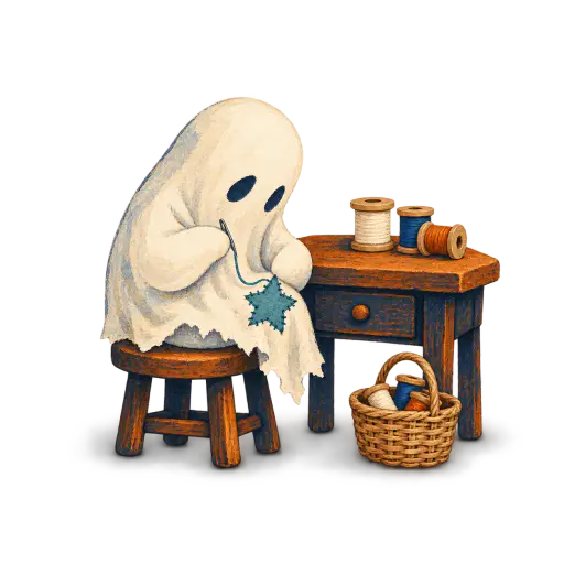 Gouache illustration of a small sheet ghost on a stool at a wooden repair desk, sewing a muted teal star patch onto its own trailing hem with a blunt needle, wicker sewing basket beside the desk; isolated halloween clipart with a soft contact shadow on transparency.