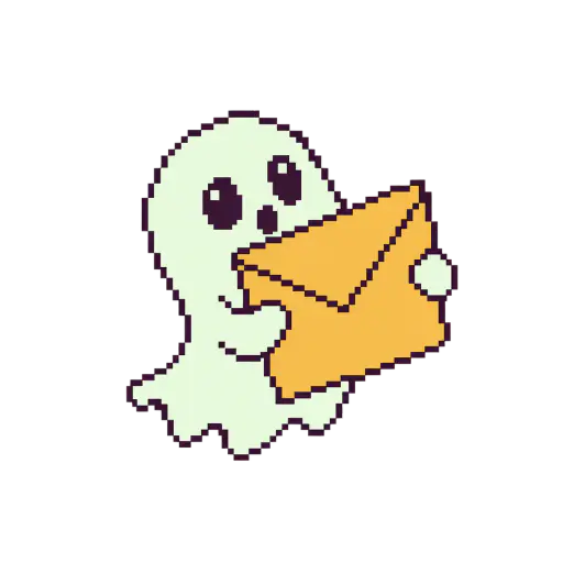 Chunky pixel-art ghost sprite: a small pale-mint ghost with dark oval eyes tilts backward mid-flight while hugging an oversized closed amber envelope, completely blank and unlettered, isolated on a fully transparent background with no floor or shadow, ready as a Halloween stream alert graphic.