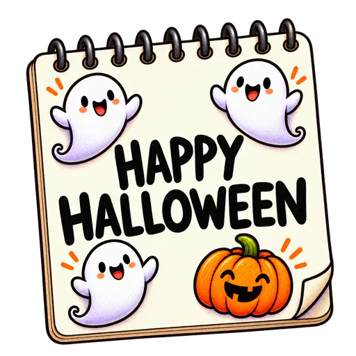 A cream top-bound spiral notepad bearing black HAPPY HALLOWEEN lettering, three small smiling ghost doodles and one orange pumpkin doodle, isolated on transparency.