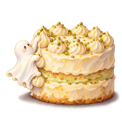 A cute icing ghost climbs down the side of a small two-layer cream cake using the piped dollop border as a ladder, painted in transparent watercolor with honey, pistachio and plum tones on a transparent background for Halloween baking decoration.