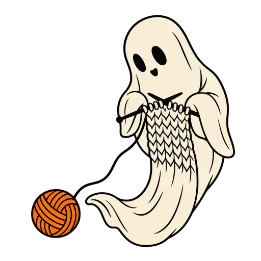 A bone-cream sheet ghost floats bent in a gentle U, holding two thick crossed knitting needles in its arm-flaps and knitting the unfinished edge of its own trailing sheet tail, the last cream rows hanging from the needles as one continuous fabric flowing into the tail, with one round pumpkin-orange yarn ball beside the hem, drawn as bold three-ink screen print shapes on a transparent background, a Halloween knitting ghost clipart illustration.