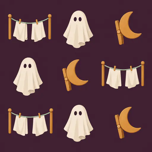 Square pattern concept board on a deep plum ground: nine motifs in three staggered rows with wide gaps — taut mint laundry lines strung between round wooden pegs, folded white ghost sheets with two dark round eyeholes, and single amber crescent-moon clothes pegs. Every motif sits fully inside the frame on the flat matte plum field; drawn as a repeat-layout study, not validated as a seamless tile.