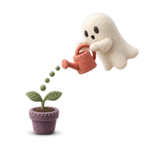 Photographed needle-felt scene of a small bone-white stitched ghost with dark oval eyes hovering and tipping a faded-coral miniature watering can, one arc of sage droplets falling onto a single two-leaf pumpkin seedling in a thimble-sized dusty-violet pot; isolated halloween clipart on transparency with a soft contact shadow under the pot.