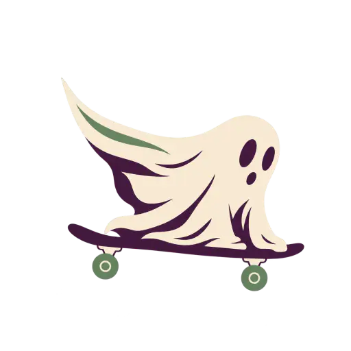 Screenprint illustration of a bone-cream sheet ghost crouching low on a deep plum skateboard, leaning forward as its back sheet edge lifts into a small sage-striped sail blown behind it, two sage wheels solid beneath. Original Halloween skateboarding ghost artwork, isolated with transparent background for shirt designs and seasonal prints.