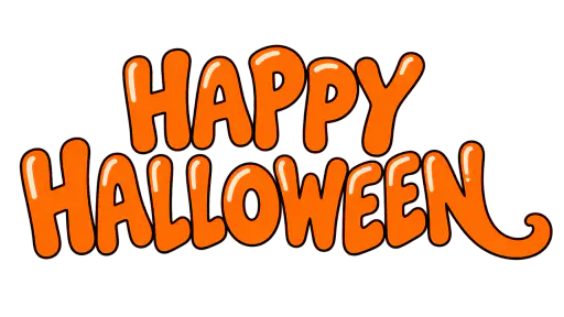 Original hand-lettered graphic reading HAPPY HALLOWEEN on two bouncy lines of orange capitals, the final N sweeping into a curling ghost tail, drawn with charcoal outlines on a transparent background for Halloween cards and banners.