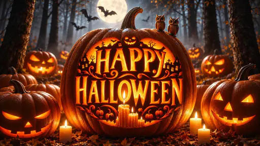 An orange giant pumpkin with ornate glowing HAPPY HALLOWEEN carving, perched owl ornaments, surrounding jack-o-lanterns and candles in a misty moonlit forest.