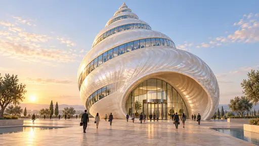 Shell company: a giant spiral seashell stands as a corporate office tower, glass windows following its whorls, tiny workers filing through a revolving door set in the shell's own opening under soft morning light, the plaza and sky blank and unlettered.