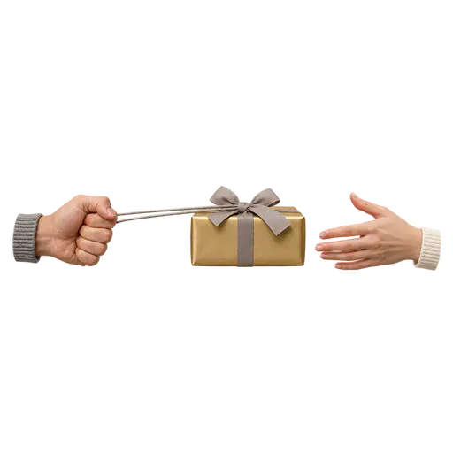 Strings attached: a ribboned gift box suspended between a giver's closed fist gripping taut tether strings and a recipient's reaching open hand, isolated on transparency.