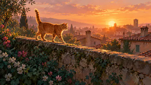 An adult ginger cat walks along the top of a garden wall at sunset with its tail held high, flowering shrubs below and terracotta rooftops beyond.