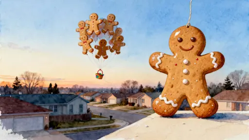 Tiny gingerbread men drift above a sleepy town like buoyant balloons, warm and whimsical in soft evening light with intact details and playful scale contrasts.