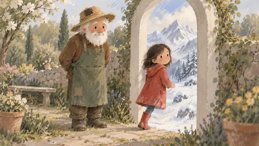A small girl in a red raincoat and rubber boots steps through an arched garden doorway with half of her already in a snowy mountain landscape on the other side while her boots still stand on the garden path and an old gardener in a straw hat watches with a smile.