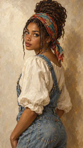 A young character with blue-green eyes and gathered locs looks back over her shoulder, wearing a red and turquoise headscarf, ivory blouse and denim overalls.