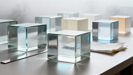 A minimal arrangement of glass blocks staged as a calm still life within a 16:9 frame, emphasizing clean planes, subtle color refractions, and a serene neutral atmosphere for editorial or product use.