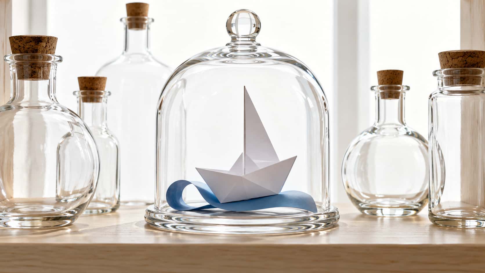 A clear round glass display dome on a pale wooden shelf shelters one folded white paper boat with a single tall sail resting on a thin curl of blue paper wave, sharp-edged and fully visible in strong backlight.