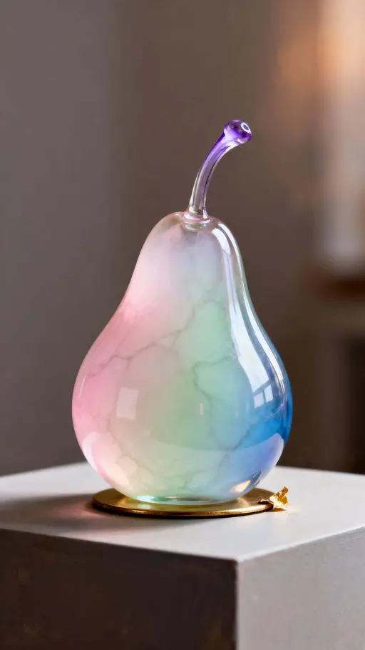 A pear sculpted from pearly, color-shifting glass with a delicate blown-glass stem, shown vertical in a 9:16 crop that emphasizes elegant form and surface shimmer.