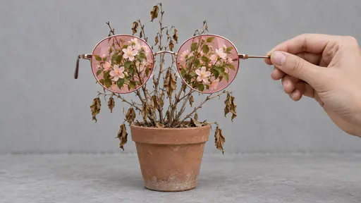 Seeing through rose-colored glasses: a hand holds round rose-tinted glasses before a neglected potted plant with dry bare stems, and through the two lenses the same stems continue unbroken yet appear lush with green leaves and small blossoms under a rosy cast, while outside the lenses they stay…