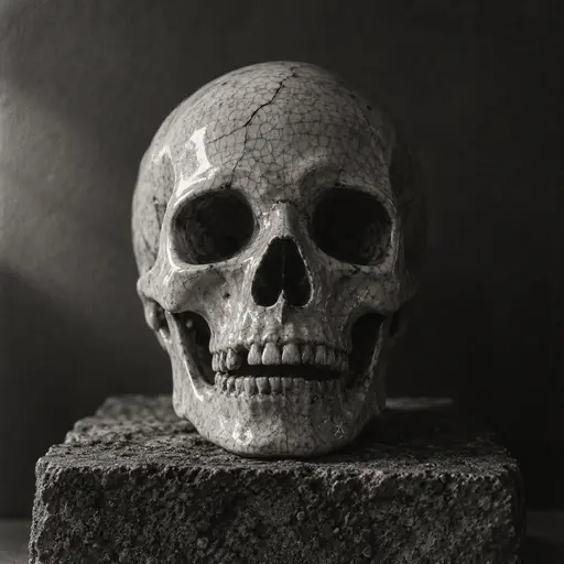 A crackled-glaze ceramic skull with deep eye sockets and a slightly open jaw on a rough stone block, a hairline crack across the forehead, dark wall behind, black and white.