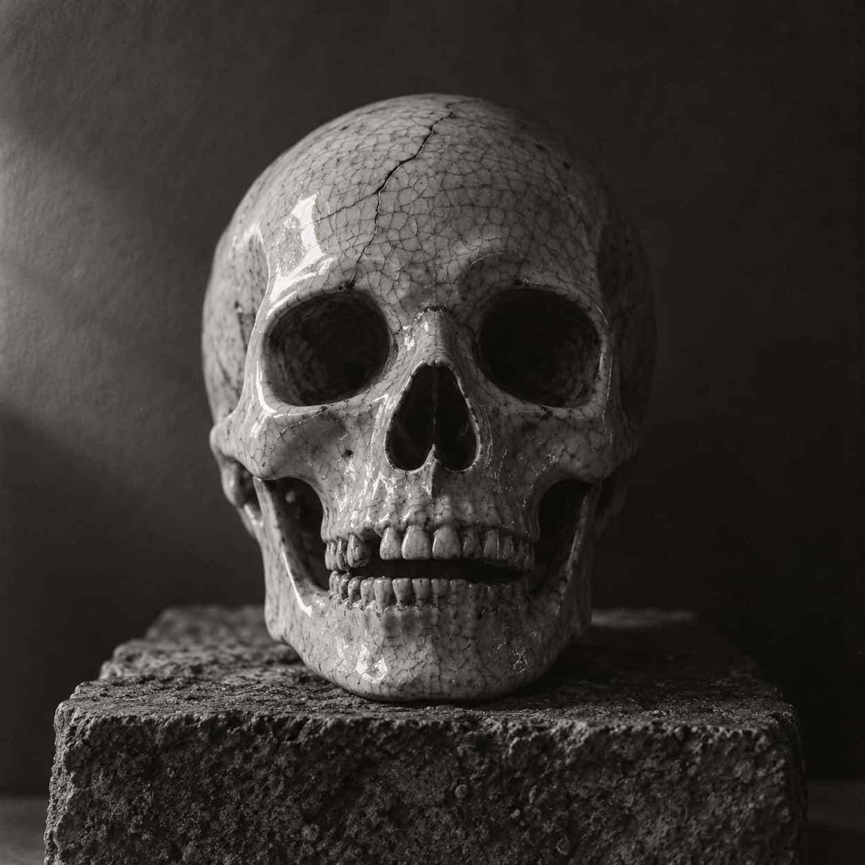 A crackled-glaze ceramic skull with deep eye sockets and a slightly open jaw on a rough stone block, a hairline crack across the forehead, dark wall behind, black and white.