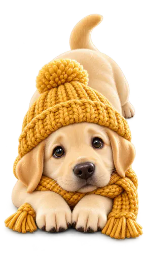 A young yellow labrador puppy lies with its head on its paws in a mustard knitted beanie and scarf as a chunky glossy candy glazed toy figure, isolated on a transparent background.