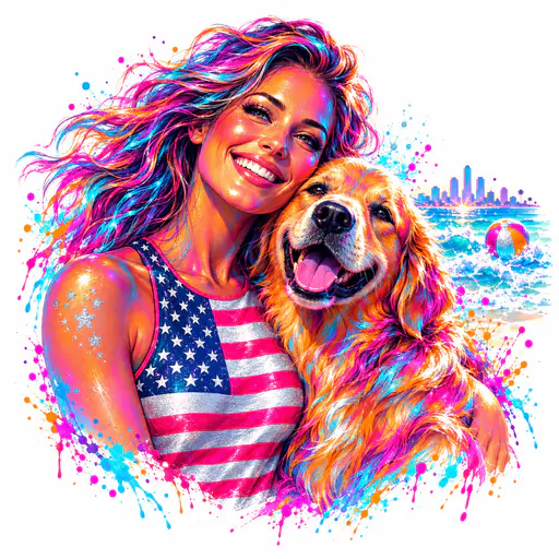 A smiling adult woman in a crew neck flag print tank top with glitter stars on her shoulder hugs a golden retriever at the beach while a neon beach ball bounces over blurred surf.
