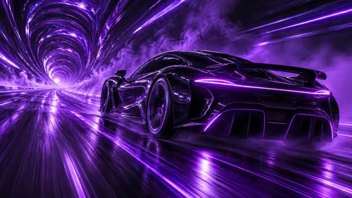 A sleek glossy sports car races at speed through a dark tunnel of light with long directional motion streaks of one saturated violet hue and luminous edge highlights on its bodywork.