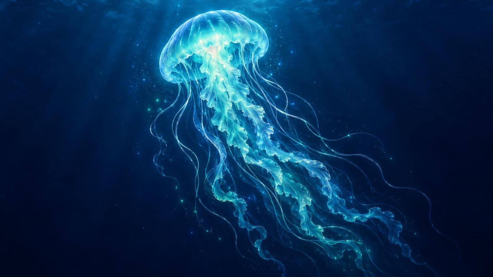 A glowing jellyfish drifting through dark blue water with trailing tentacles.