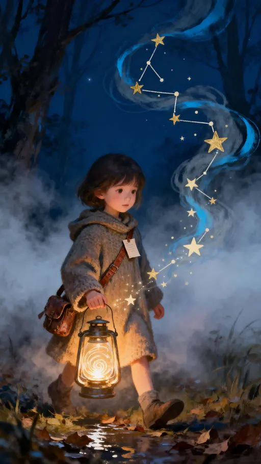 A small glowing child carries a lantern woven from pure light, with tiny doodle stars spinning inside and lighting the surrounding fog in a quiet, magical night scene.
