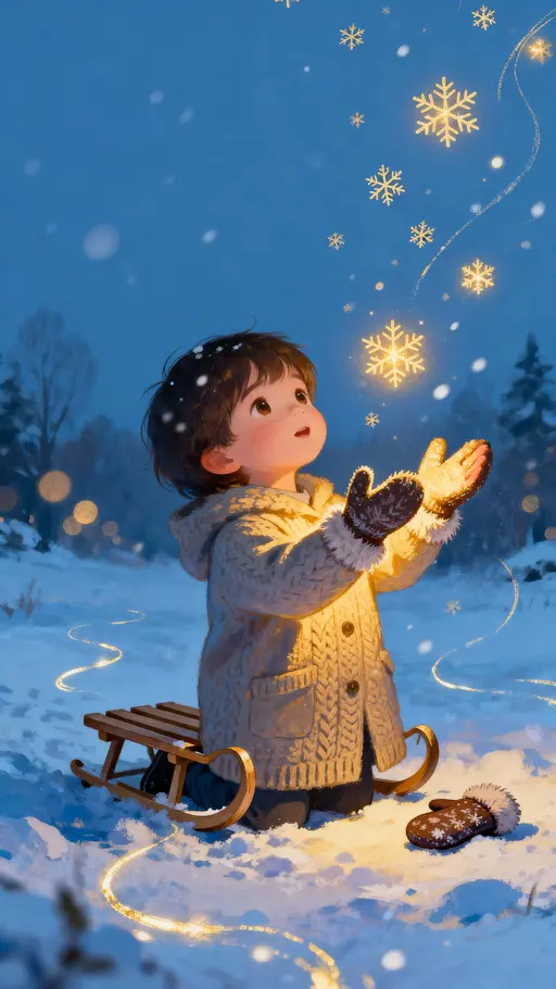 A small glowing child stands in a quiet snowy landscape, reaching out to catch tiny doodle snowflakes that glow and leave delicate light trails, framed vertically for intimate storytelling.