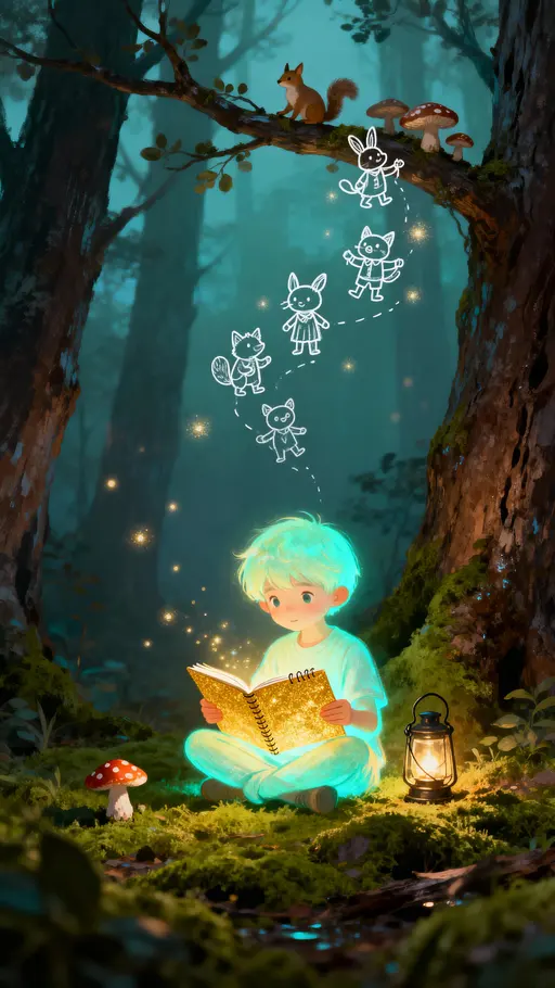 A small glowing child sits cross-legged on the mossy forest floor reading a luminous sketchbook while playful drawn characters and doodle animals lift from the pages and drift into the night air, creating a magical tableau.