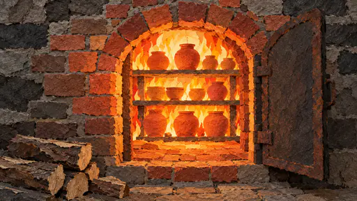 An open arched kiln furnace door glows with layered flames and stacked clay pots inside a rough brick wall in pressed paper pulp relief.