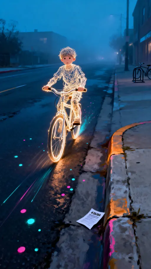 A child formed of thin glowing lines pedals a luminous bicycle down a deserted city street at night, conveying calm forward motion and a vertical 9:16 portrait that emphasizes upward negative space and wonder.