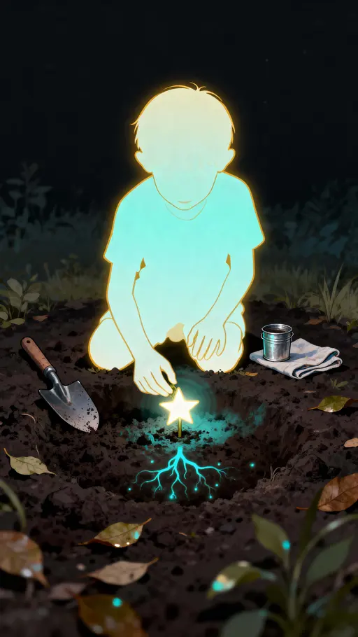 A glowing outline child kneels in dark earth to plant a tiny luminous star while delicate root-like lights thread beneath the soil, creating a quiet, hopeful nocturnal scene.