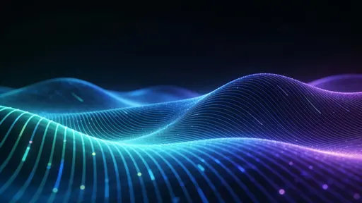 A futuristic 16:9 abstract background of layered wave patterns made of fine glowing lines in electric blue, teal, and violet over a dark backdrop, rising from the lower half into a clean upper area.