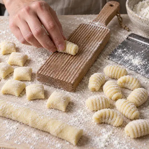 A hand rolls potato dough over a grooved wooden paddle between smooth pillows and finished ridged gnocchi.