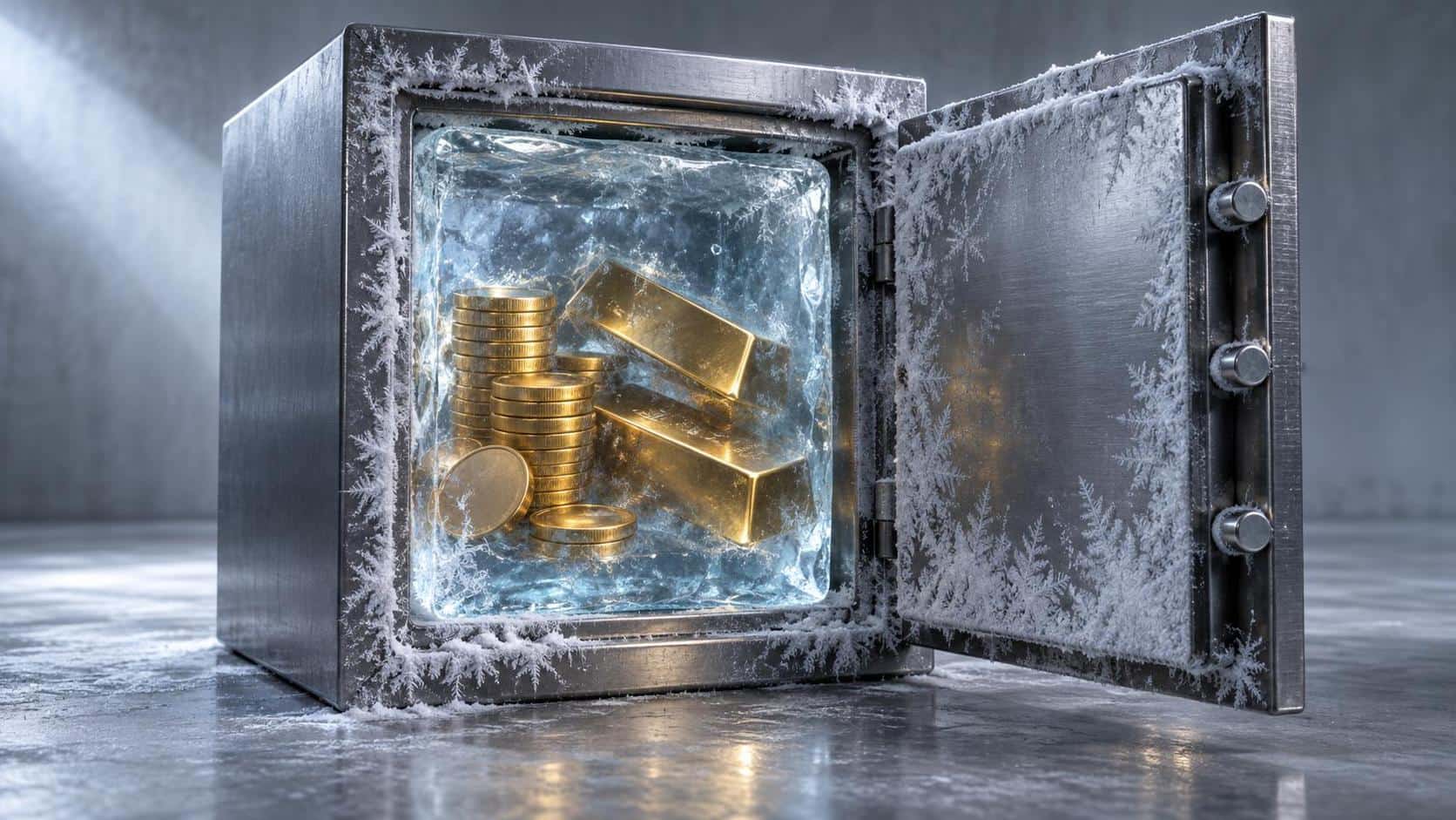 Frozen assets: an open steel safe on a cold studio floor filled by one perfectly clear block of ice with a stack of plain gold coins and two gold bars suspended inside it, frost fanning out across the safe's brushed metal rim under cold soft side light.