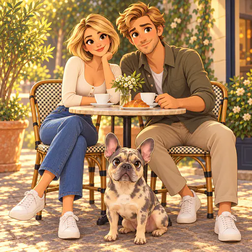 Cel-shaded cartoon of a couple and their French bulldog at a golden-hour café terrace table.