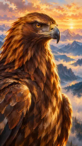 A majestic golden eagle in a close up portrait with fierce amber eyes, a hooked beak and feathers in deep gold and brown against a soft blurred mountain background.