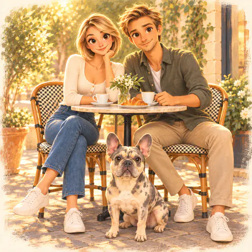 Golden-hour illustrated portrait of a couple and their French bulldog at a café table with soft bokeh light and a white vignette frame.