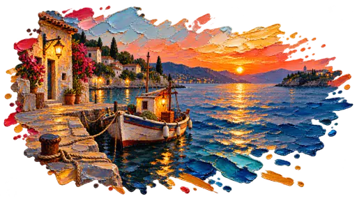 An impasto oil slice of a small fishing boat moored at a stone quay under an amber sunset, its painted edge dissolving into raw strokes on transparency.