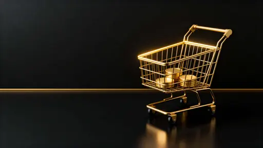 A minimalist golden shopping cart glides from the right over a matte black floor into a wide 16:9 frame, its thick wireframe lines and three coin-like tokens reflecting a soft golden rim while vast black negative space dominates the left.