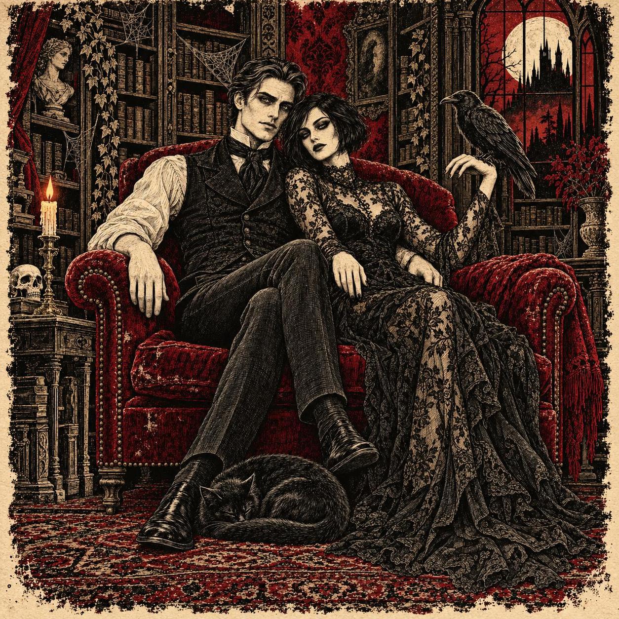 An elegant gothic couple sit in a candlelit manor library with a raven on her wrist and a black cat at their feet before a window showing a moonlit castle.