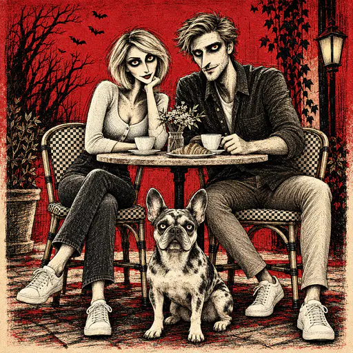 Gothic cross-hatch illustration of a couple and French bulldog at a café table on a red background