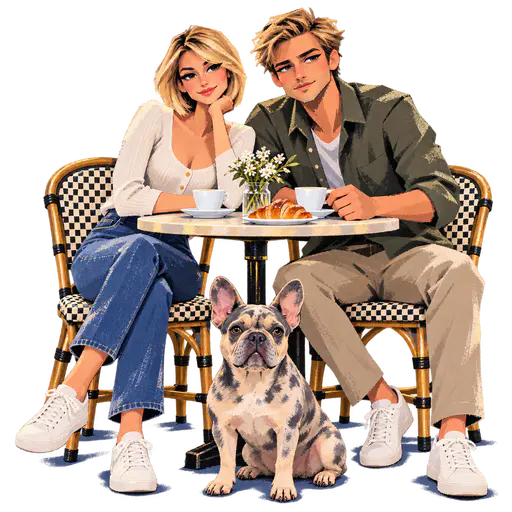 Angular gouache painting of a couple at a cafe table with coffee and a croissant, a merle French bulldog sitting in front, on a transparent background