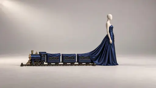 Dress train: a mannequin in a formal gown stands beside its long pleated train, which transforms into connected miniature passenger carriages and a small locomotive.
