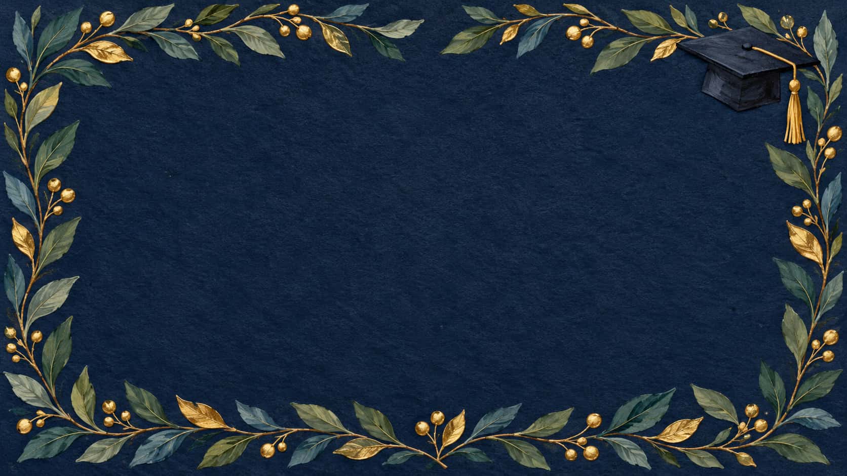 A wide deep navy parchment card background with gold-leaf laurel branches along the four margins, a small mortarboard cap with a tassel at the upper right and a large empty navy centre.