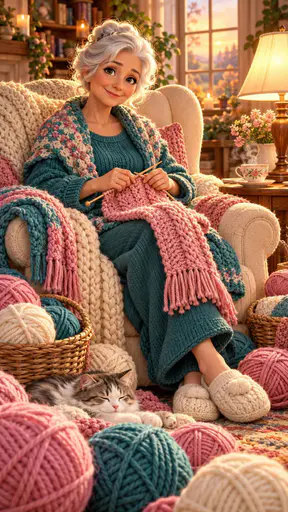 An elderly woman with silver hair sits in a cozy armchair taking a break from knitting with a sea of colorful woolen yarn balls and half finished scarves around her and a cup of tea.