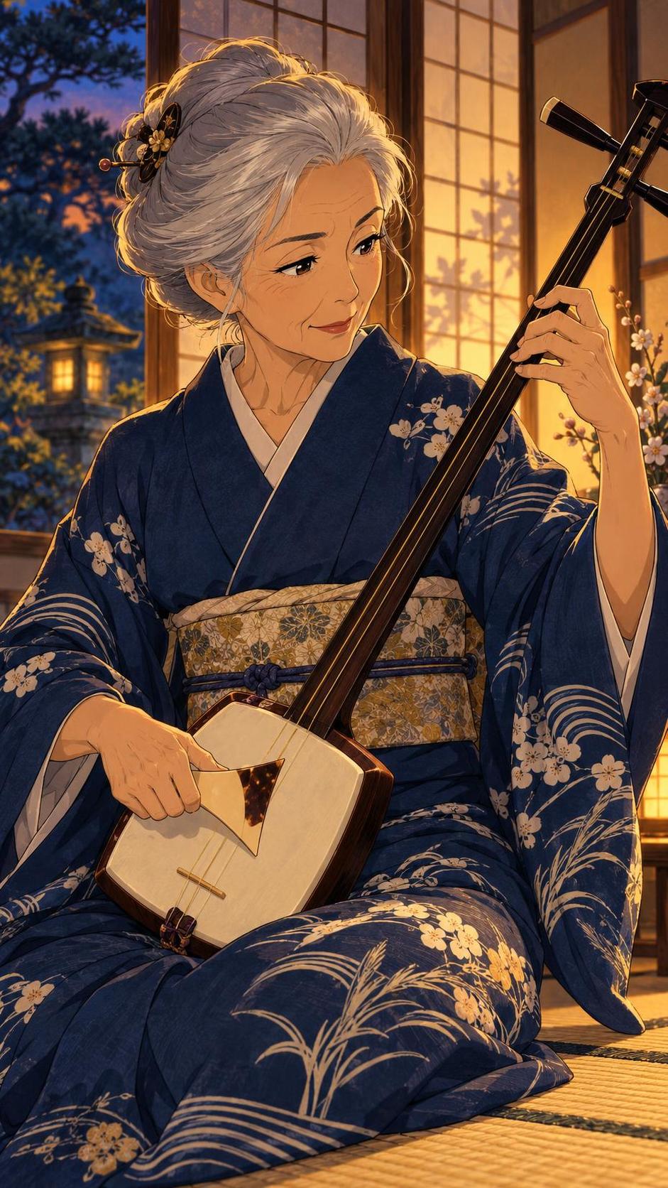 An elderly Japanese woman in a kimono sits with her hands delicately poised over a shamisen with silver hair pinned up and a paper screen glowing behind her.